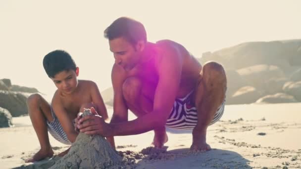 Father Son Making Sandcastle Beach — Stock Video