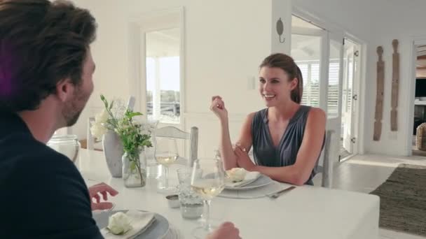 Young Couple Smiling Talking While Dining — Stock Video