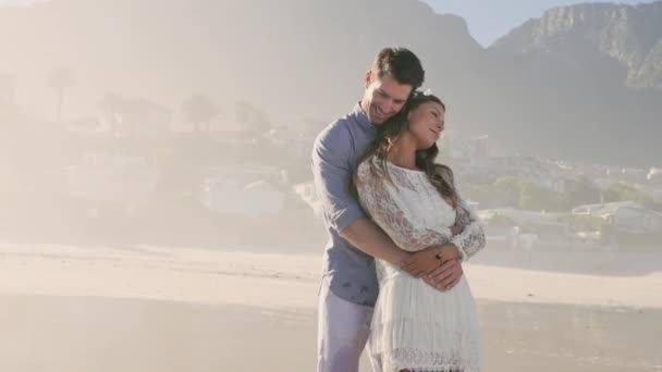 Portrait Young Couple Embracing Beach — Stock Video