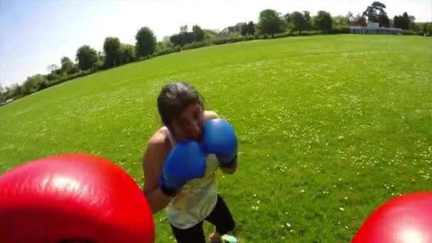 女性と男性の昼間の公園でボクシング — ストック動画