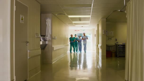 病院の廊下を歩く4人の医師 — ストック動画