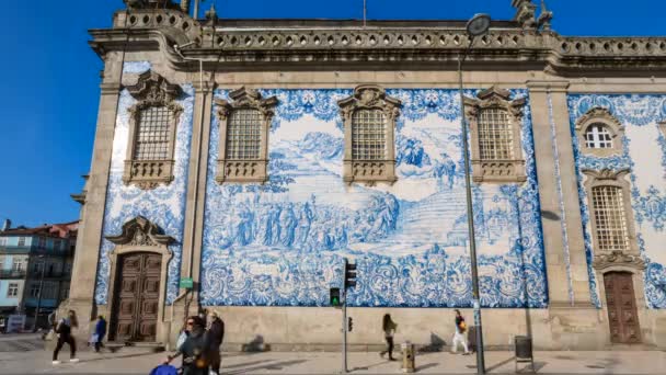 Carmo Kerk Met Azulejo Tegels Porto Portugal Time Lapse — Stockvideo