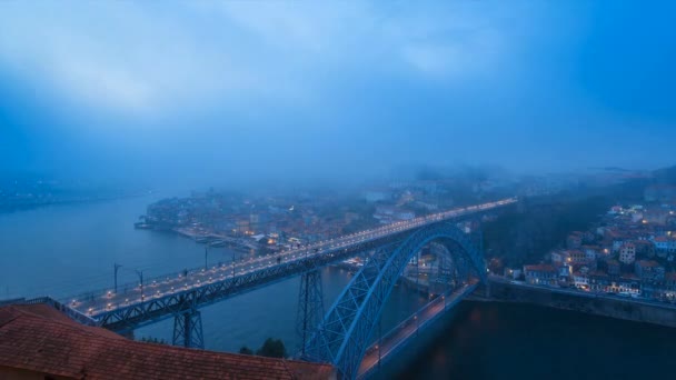 Bron Och Porto Stadsbilden Porto Portugal Kvällen Tidsinställd — Stockvideo