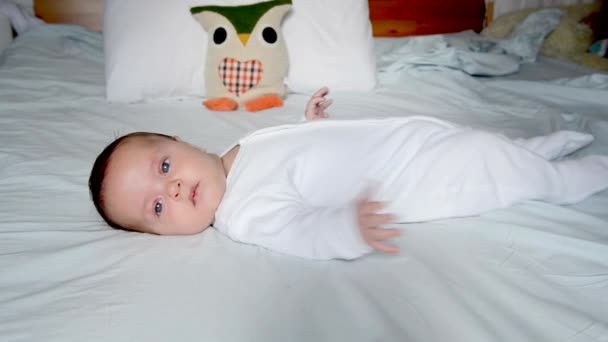 Portrait Baby Boy Lying Bed — Stock Video