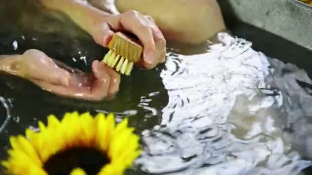 Gros Plan Femme Brossant Les Ongles Dans Baignoire — Video