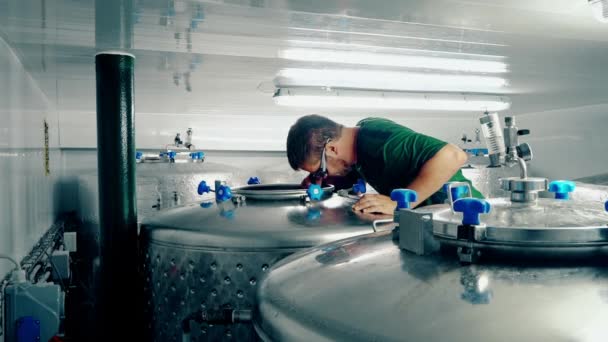 民間醸造所でタンクを洗浄する男 — ストック動画