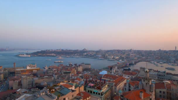 Stadsbilden Med Galatabron Solnedgången Tidsfördröjning — Stockvideo