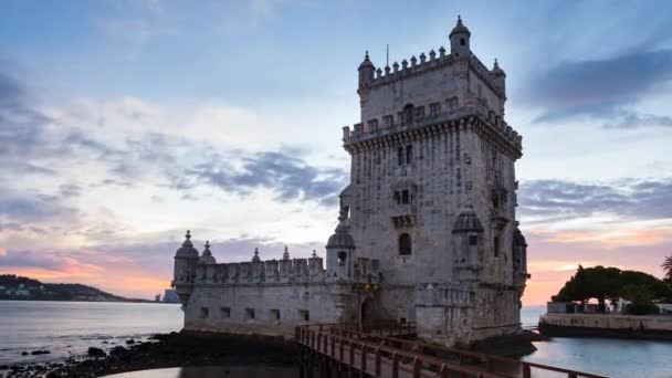 Torre Belém Vid Solnedgången Lissabon Portugal Tidsfördröjning — Stockvideo