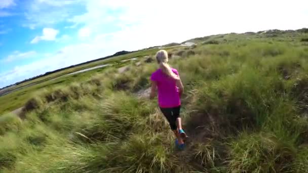 在田野里的草地上奔跑的妇女 — 图库视频影像