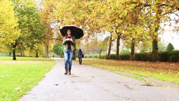Frau Läuft Mit Regenschirm Herbstpark — Stockvideo