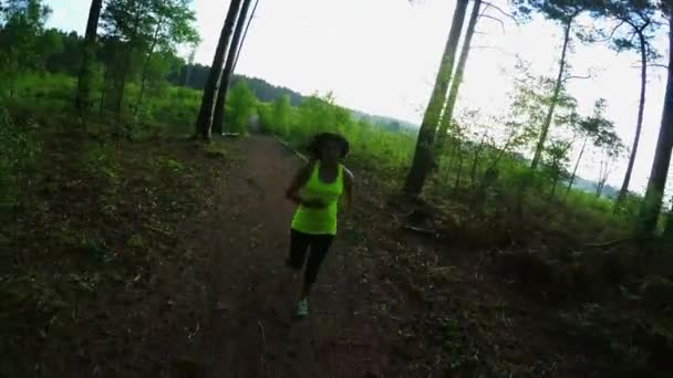 Mulher Correndo Caminho Floresta Livre — Vídeo de Stock