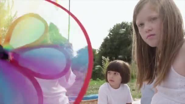 Buntes Windrad Dreht Sich Neben Frau Und Kindern Beim Picknick — Stockvideo