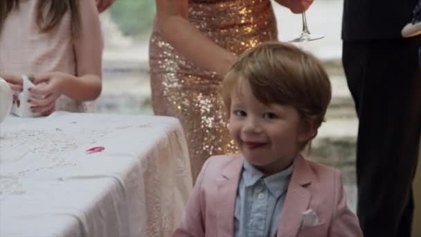 Boy Watching Bride Groom Cut Wedding Cake Wedding Reception Dinton — Stock video