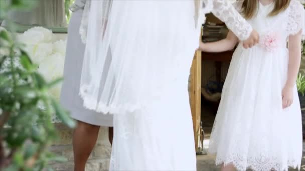 新娘和婚礼来宾检查婚纱 联合王国威尔特郡丁顿 — 图库视频影像