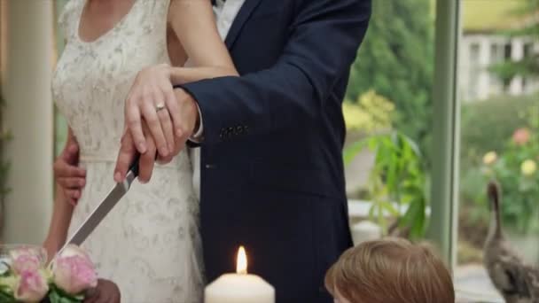男の子 結婚式のレセプションで花嫁と新郎カットの結婚式のケーキを見て Dinton Wiltshire United Kingdom — ストック動画