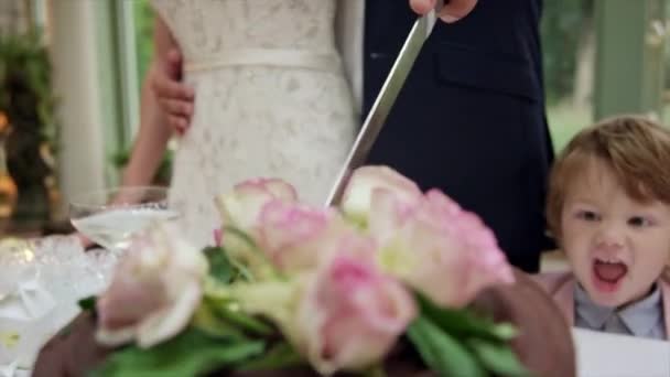 男の子 結婚式のレセプションで花嫁と新郎カットの結婚式のケーキを見て Dinton Wiltshire United Kingdom — ストック動画