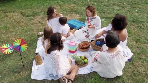 ピクニックで果物を話し 食べる女性と女の子 Dinton Wiltshire United Kingdom — ストック動画