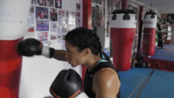 Femme Entraînement Avec Sac Boxe Dans Salle Gym — Video