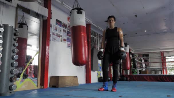 Spor Salonunda Boks Eldivenli Bir Kadın Kum Torbasının Yanında Duruyor — Stok video