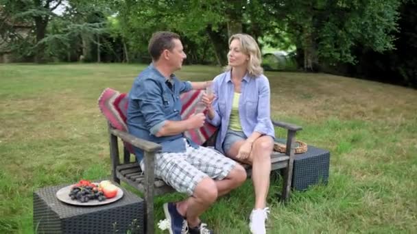 庭でピクニック中にシャンパンを飲む成熟したカップル — ストック動画