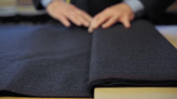 Close Tailor Preparing Textile Table — Stock Video