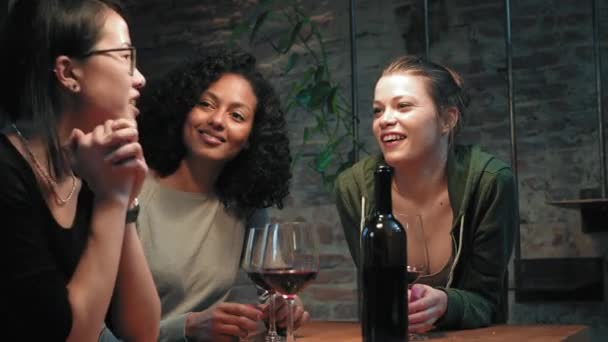 Vrouwelijke Vrienden Zitten Met Wijn Praten — Stockvideo