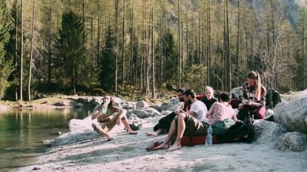 Young People Resting Riverbank Hiking Trip Sondrio Italy — Stockvideo
