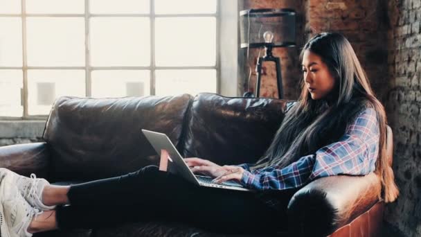 Jonge Vrouw Zit Bank Werkt Laptop — Stockvideo