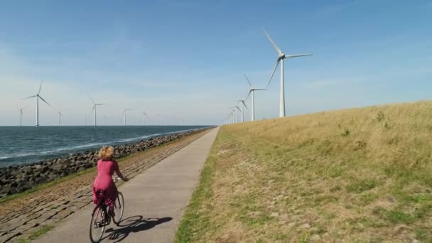 Menina Pedalando Longo Turbinas Eólicas Mar Terra Urk Flevoland Holanda — Vídeo de Stock