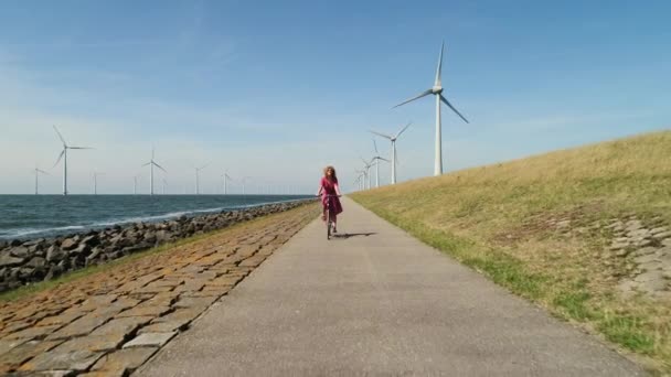 海と陸上の風力タービンに沿ってサイクリングする女の子 ウルク フレボランド オランダ — ストック動画