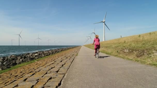 Ragazza Bicicletta Lungo Turbine Eoliche Mare Terra Urk Flevoland Paesi — Video Stock