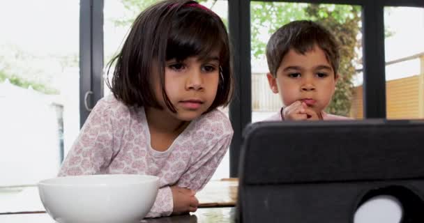 Kız Oğlan Evde Dizüstü Bilgisayara Bakıyor — Stok video