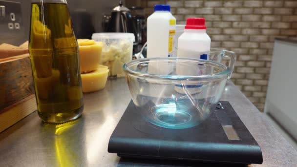 Boy Making Soap Pouring Ingredient Bowl Kitchen Scale — Stock Video