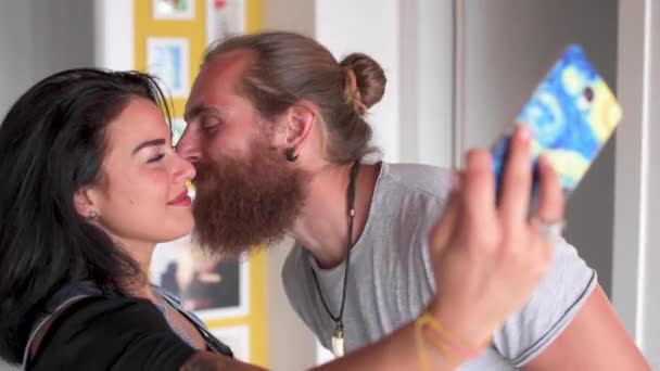 Smiling Couple Kiss Taking Selfie Smartphone — Stok Video