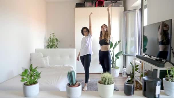 Dwie Kobiety Ćwiczące Jogę Domu — Wideo stockowe