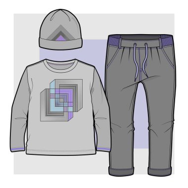 Öğeleri kümesi (soyut geometrik Yazdır gömlekle, elasticised lastik ve şapka ile joggers bir yürümeye başlayan çocuk için)