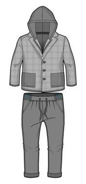 Kıyafet (kukuletalı damalı gri ceket zip kapatılması ve cepler ve joggers elastomerli lastik ve ipli bel, erkekler için)