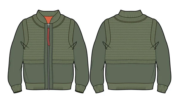 Передній Задній Вид Зеленої Куртки Бомбардувальника Імітацією Одягненого Язаний Жилет — стоковий вектор