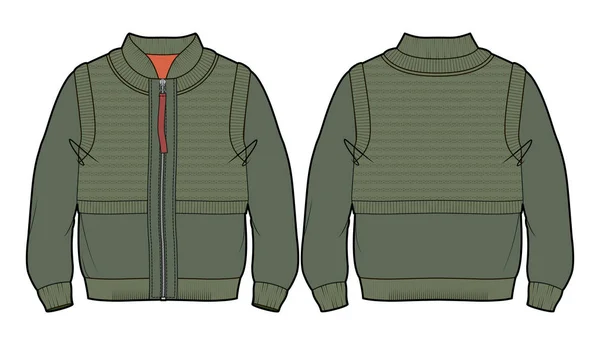 Voor Achterkant Uitzicht Een Groene Blouson Met Imitatie Put Gebreide — Stockvector