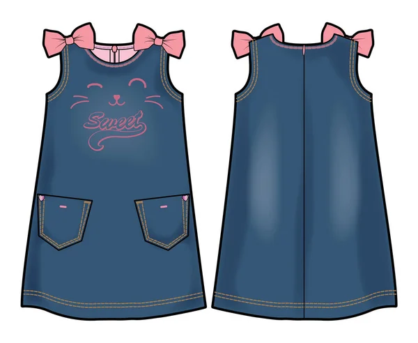 ダークブルー デニムかわいい刺繍と弓女の赤ちゃんの夏のドレス — ストックベクタ