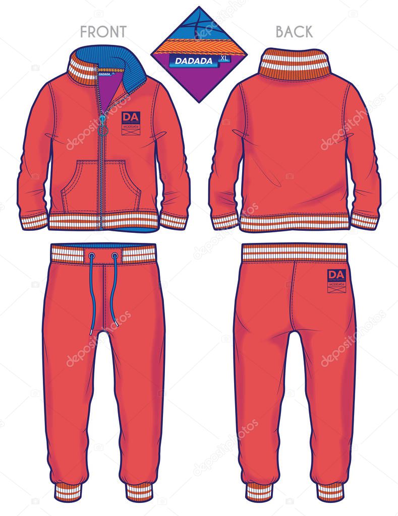 Front and back view of a red tracksuit with ribbed cuffs and contrast details
