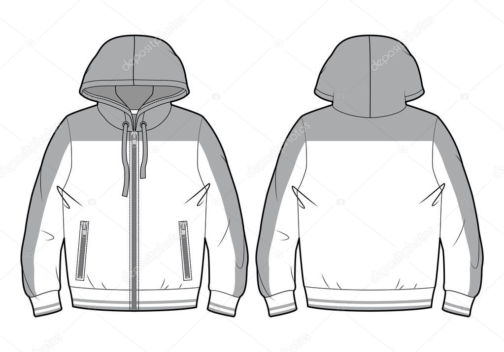 Blank hooded sport sweatshirt with zip closure and pockets