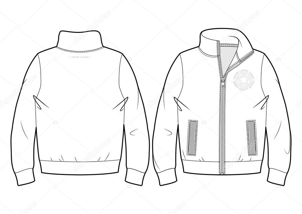Blank sport sweatshirt with zip closure and pockets (front and back view)