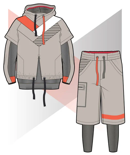 Hooded Sports Jacket Elements Cut Airy Mesh Two One Long — Stock Vector