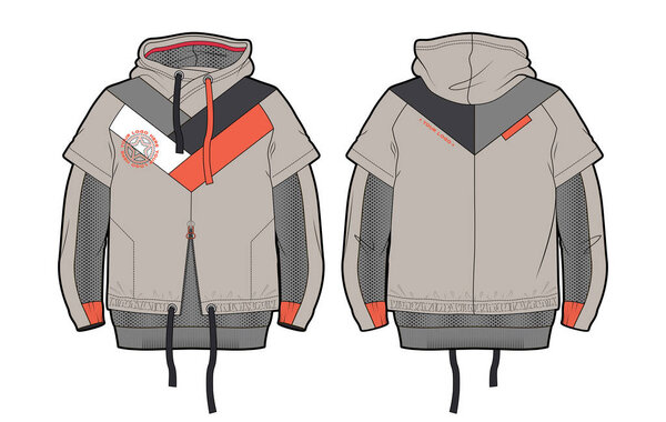 Hooded sports jacket with contrast details and elements cut of airy mesh. Front and back view