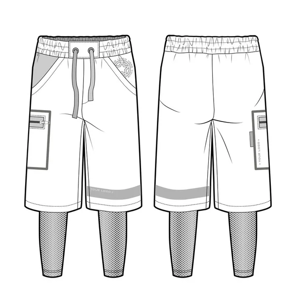 两对一长短裤与对比细节和口袋 前视图和后视图 — 图库矢量图片