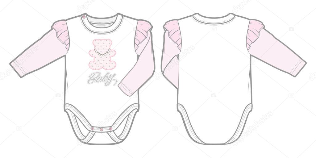 Long-sleeved bodysuit in soft ribbed jersey for a baby girl. Snap fasteners on one shoulder and at gusset. Front and back view.