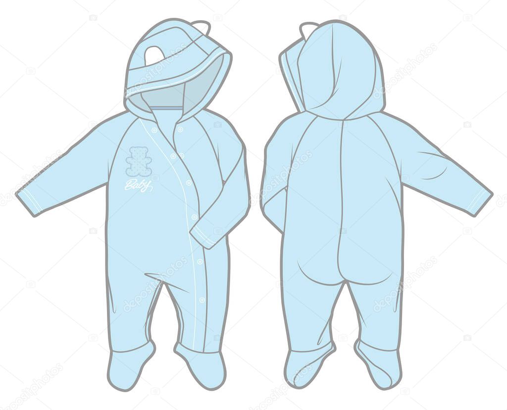 Long-sleeve hooded jumpsuit with cute embellishment for a baby boy Front and back view.