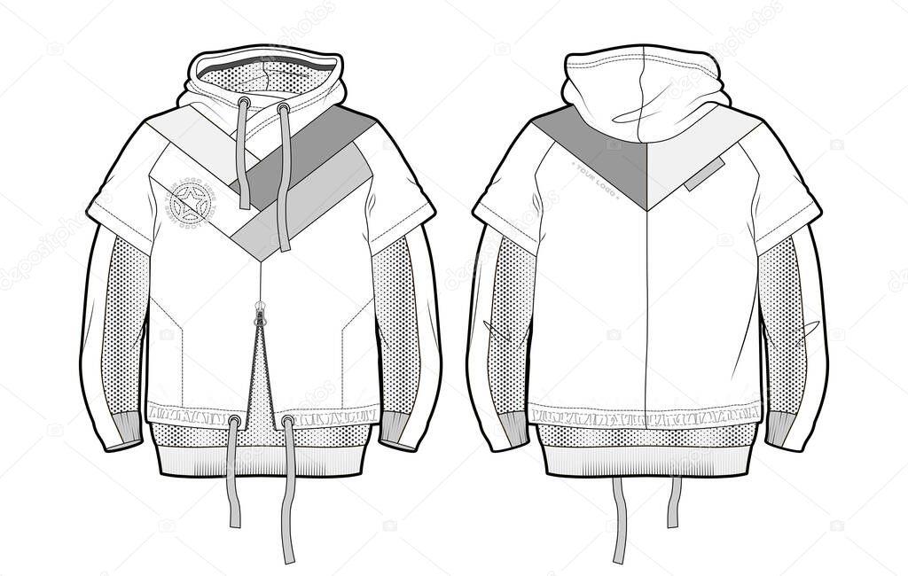 Hooded sports jacket with contrast details and elements cut of airy mesh. Front and back view
