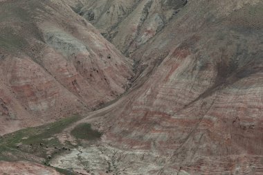 Bitki örtüsü ve kırmızı çizgiler ile kaplı dağın eteklerinde yakın otlama koyun bir sürü.